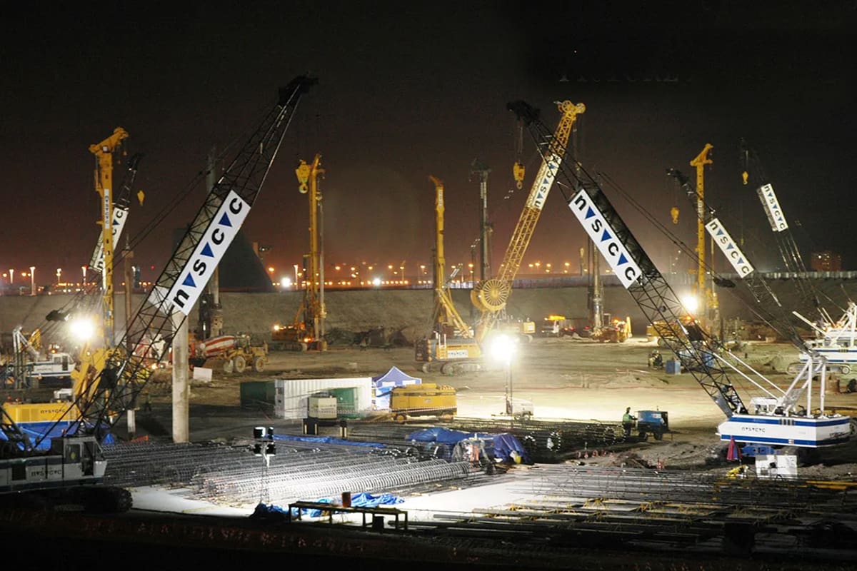 Nighttime construction progress at the Zayed National Museum site