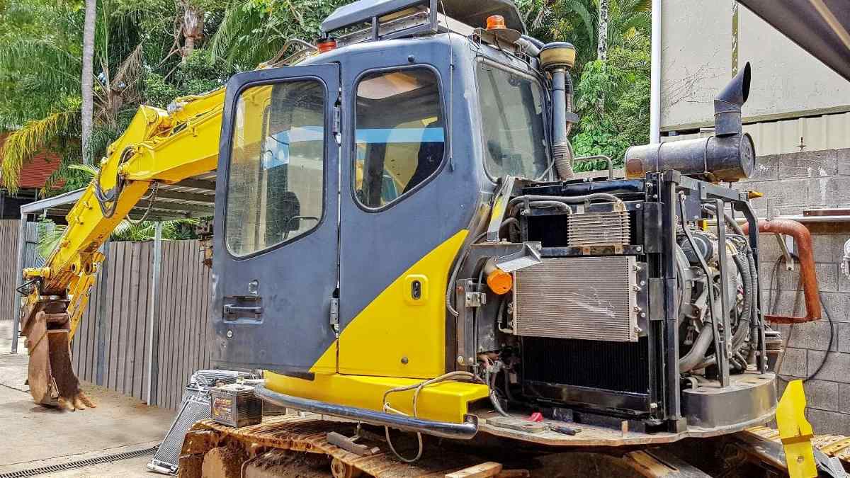 excavator's radiator and engine compartment