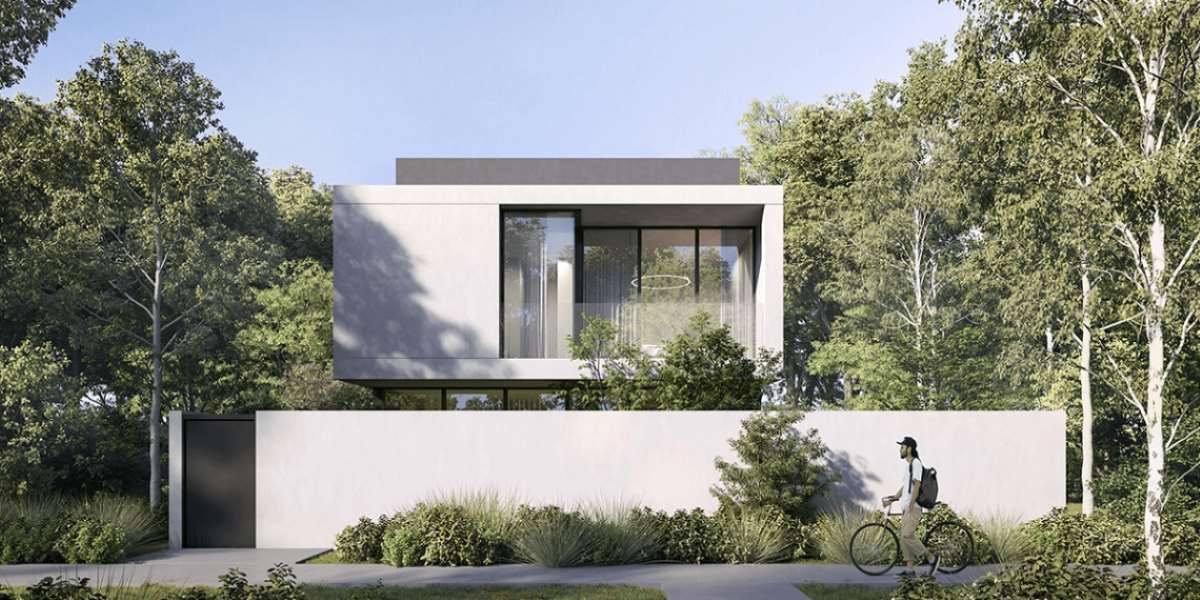 Modern minimalist villa with large glass windows surrounded by greenery and landscaped garden