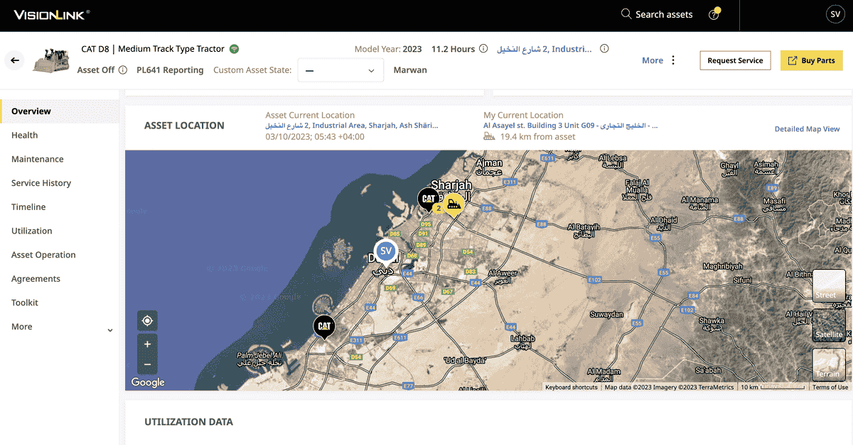 يتيح نظام VisionLink المقدم من كاتربيلر إمكانية تحديد الموقع الجغرافي ومراقبة الأداء أثناء التنقل.