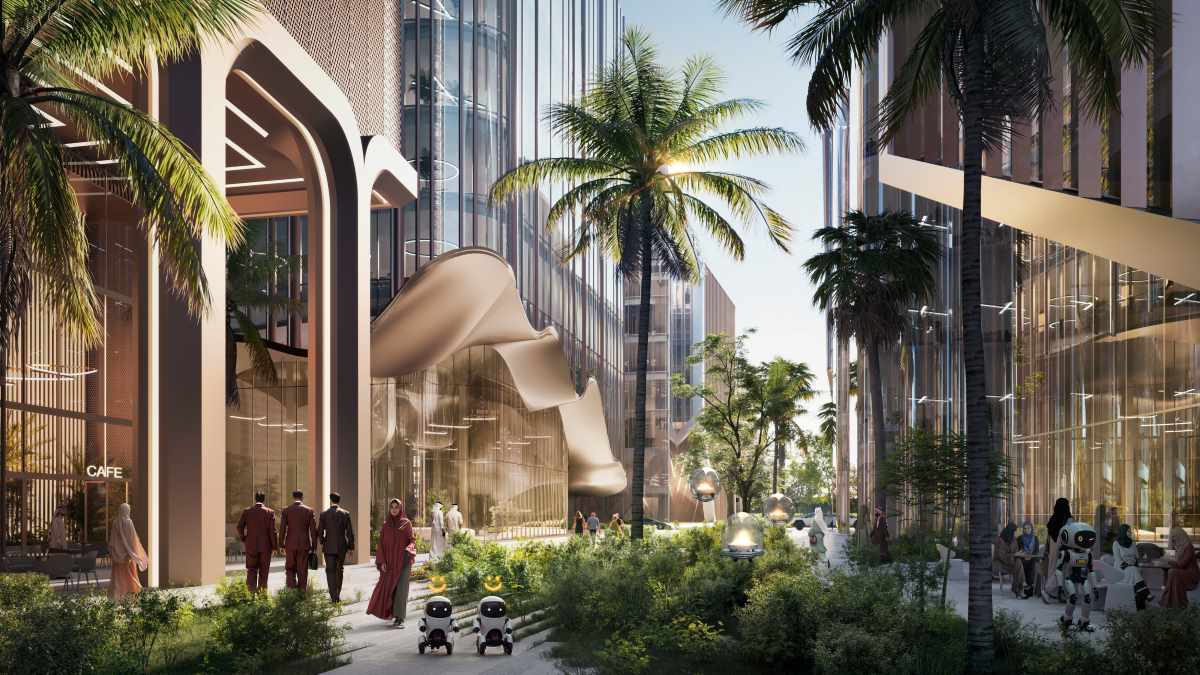District 11 Sharjah pedestrian boulevard with modern architecture, palm trees, landscaped greenery, and smart mobility elements