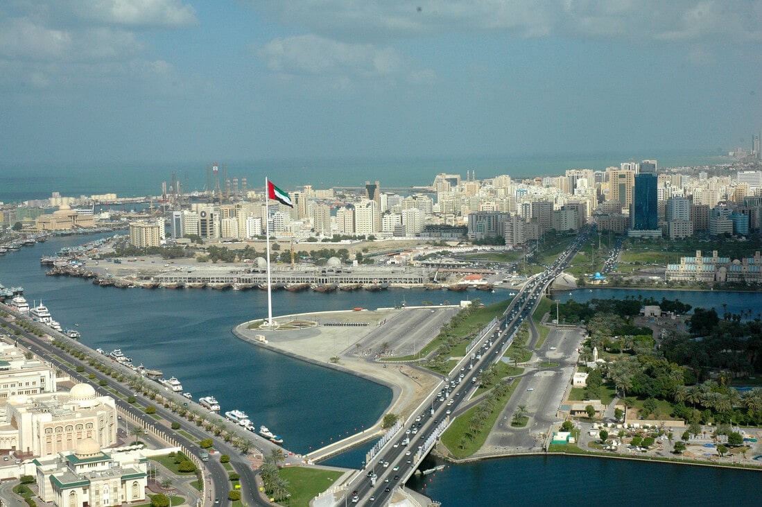 Aerial view of the renowned Flag Island in the heart of Sharjah
