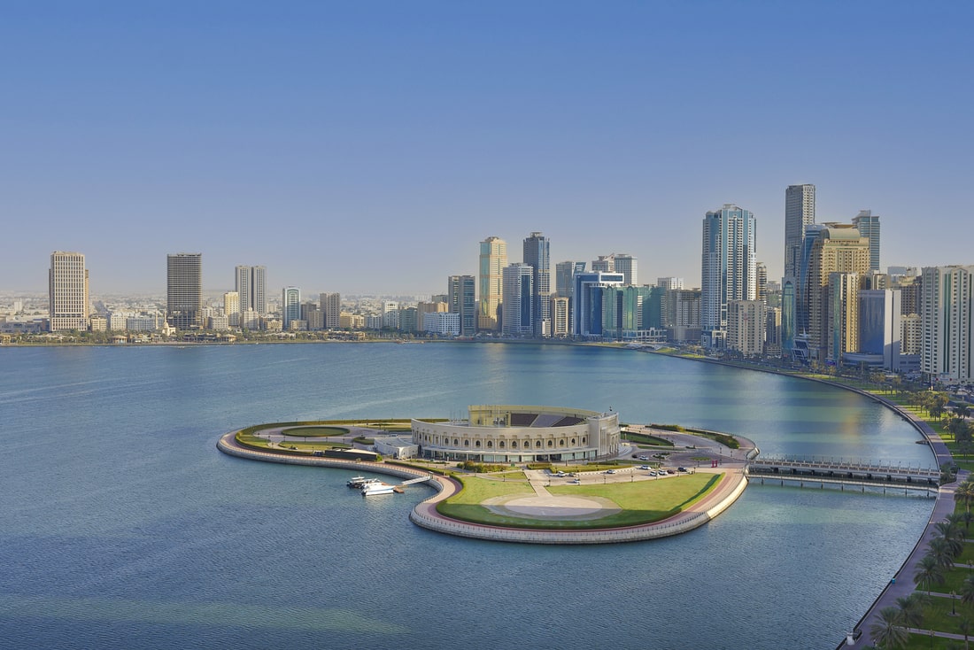 The DoubleTree by Hilton Hotel and Residences Sharjah Waterfront overlooks Khalid Lagoon in Al Majaz