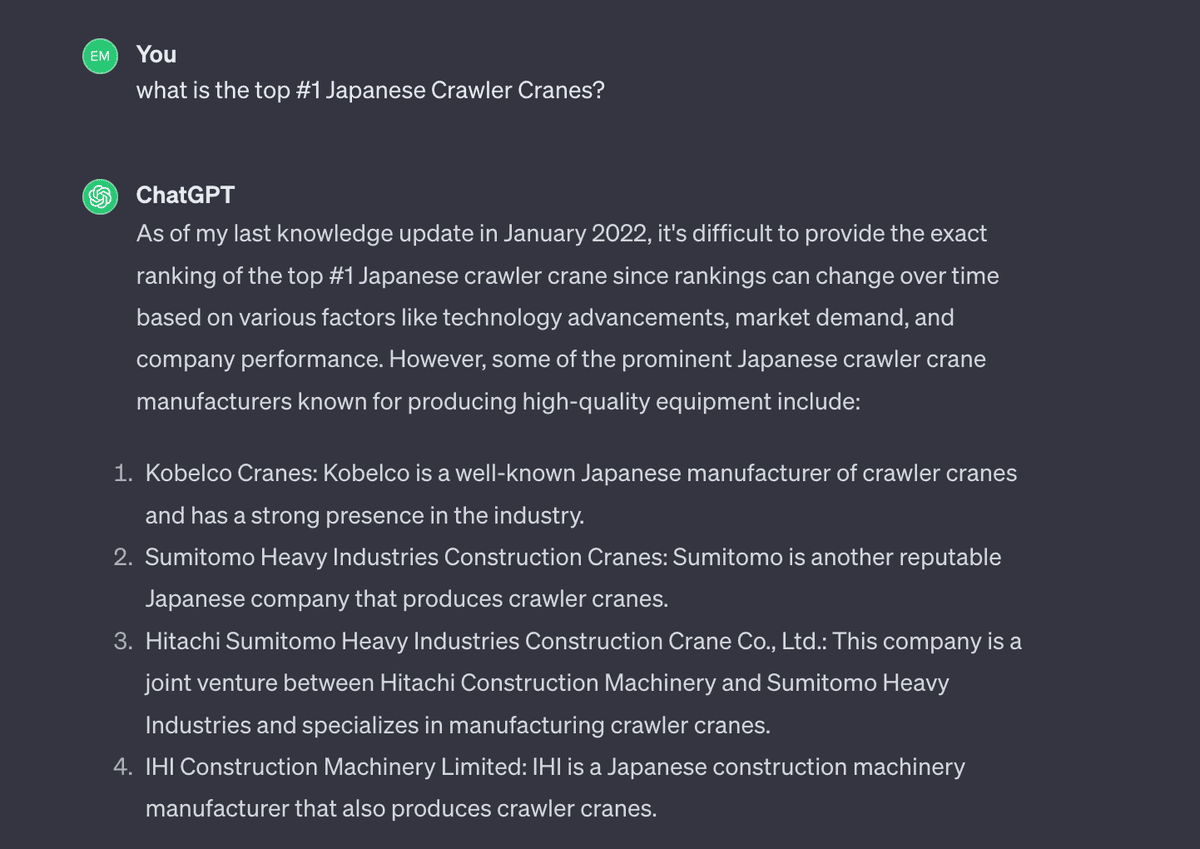 When asked, ChatGPT ranks KOBELCO as the #1 Japanese crawler crane manufacturer