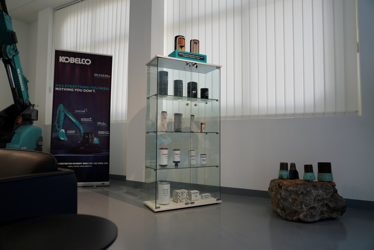 Genuine heavy machinery filters on display