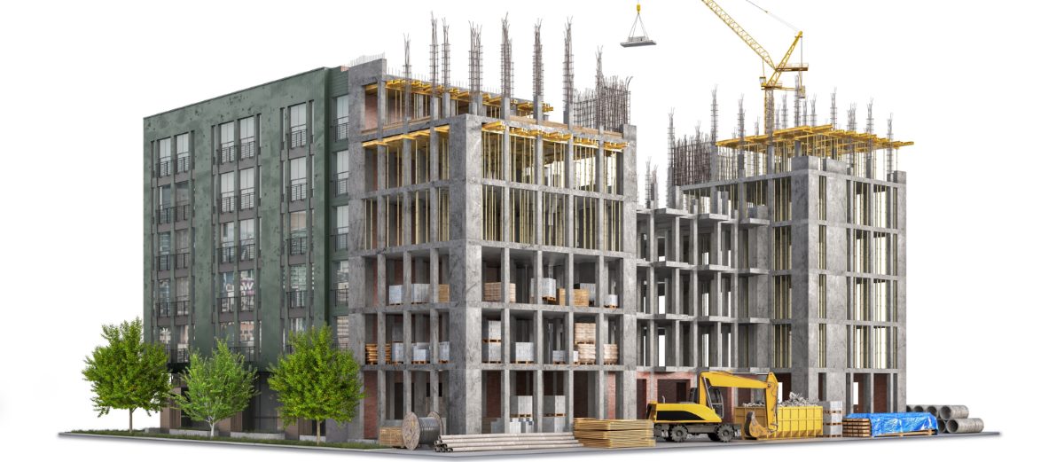 Concrete residential building under construction with structural framework, cranes, and heavy equipment