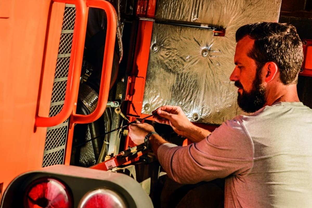 fluid check on a Doosan wheel loader
