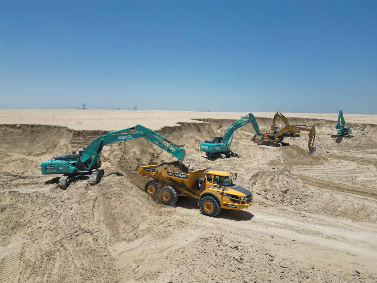 A fleet of Kobelco SK380 excavators