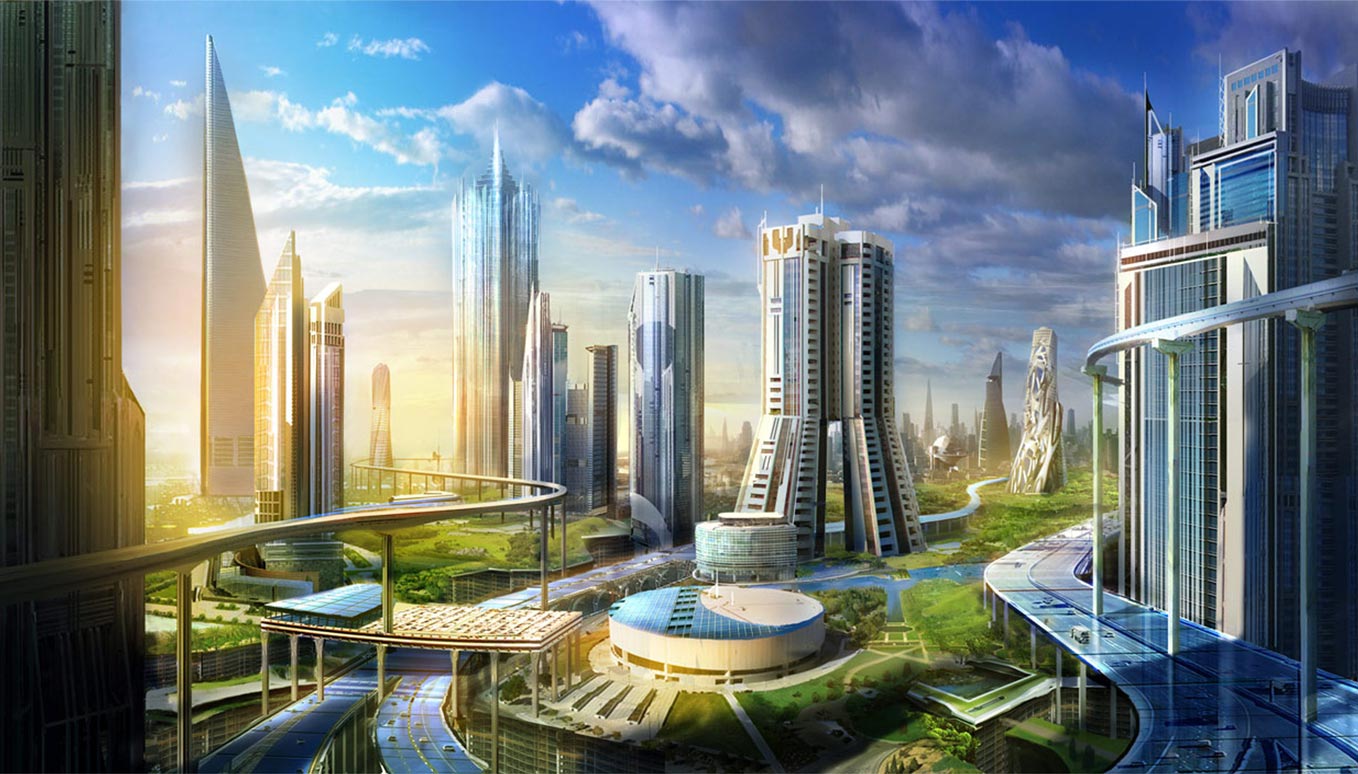 Futuristic smart city with modern skyscrapers, elevated transport systems, and green urban planning