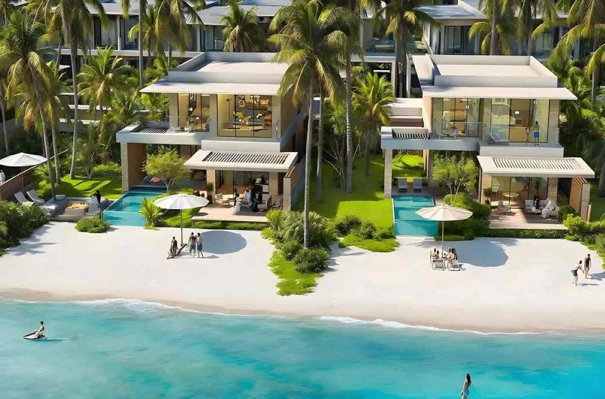 Luxury beachfront villas with private pools, palm trees, and direct access to sandy beach and turquoise water